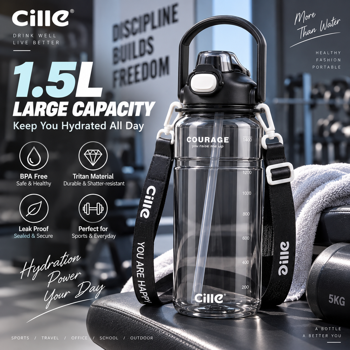 1.5L Large Capacity Sports Water Bottle with Carry Strap