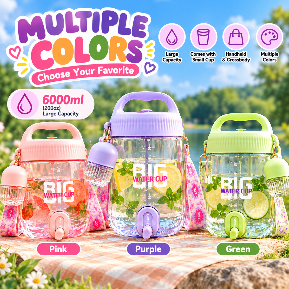 6L Large Capacity Water Jug with Handle & Shoulder Strap | 3 Colors