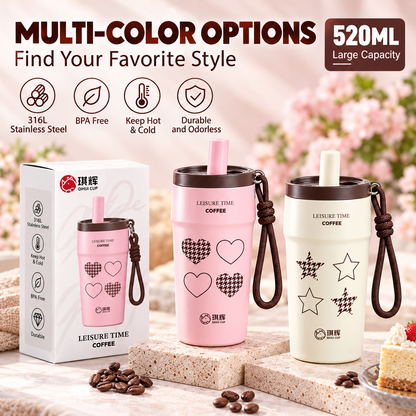 520ml Cute Insulated Coffee Tumbler with Straw