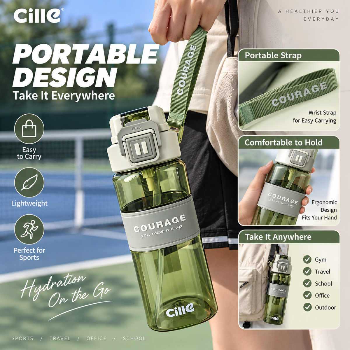 590ml Sports Water Bottle with Carry Handle & Strap