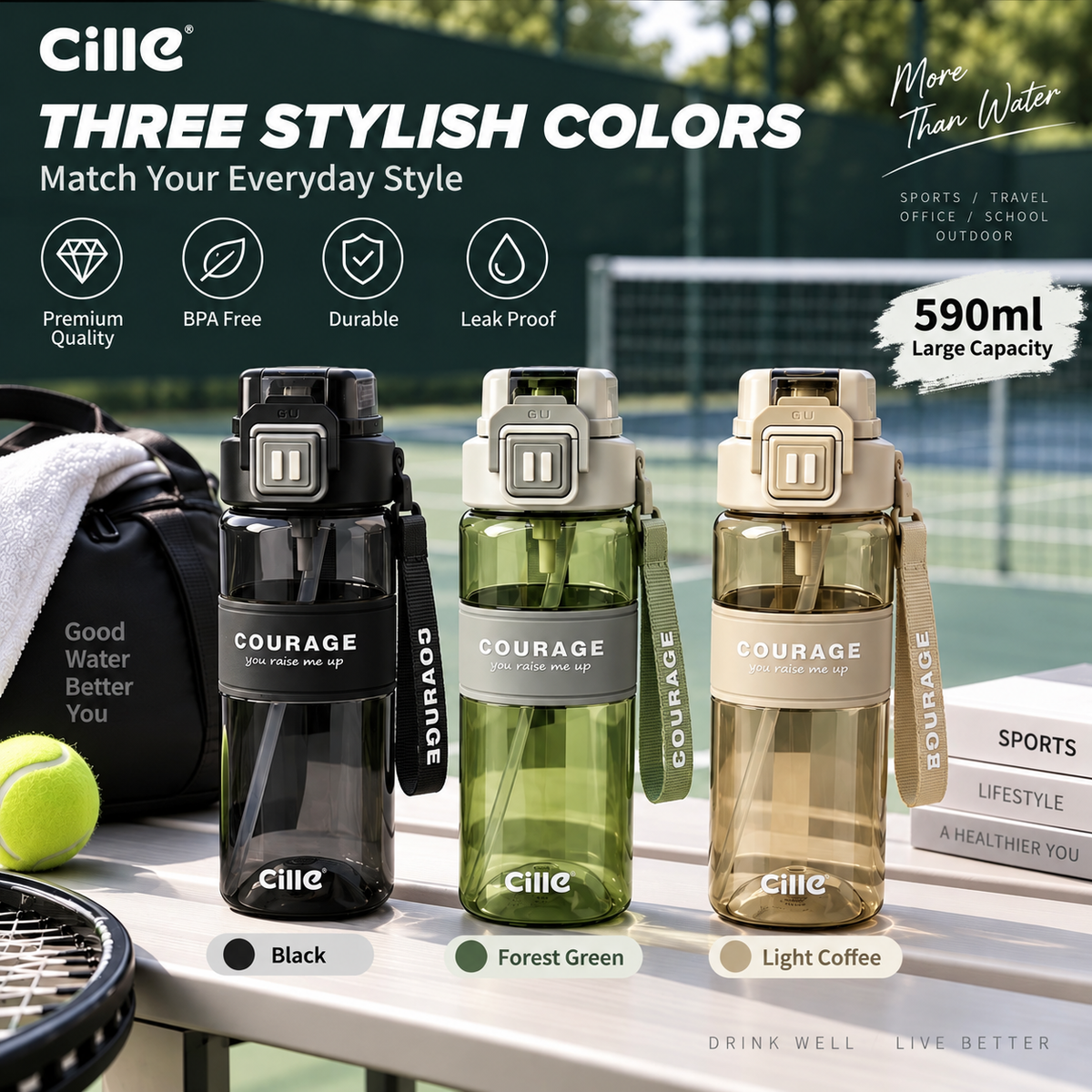 590ml Sports Water Bottle with Carry Handle & Strap