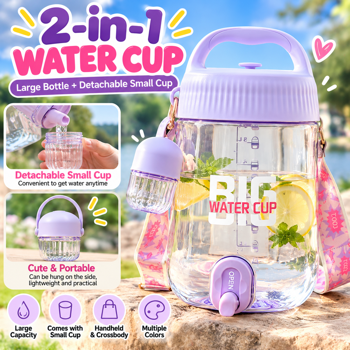6L Large Capacity Water Jug with Handle & Shoulder Strap | 3 Colors