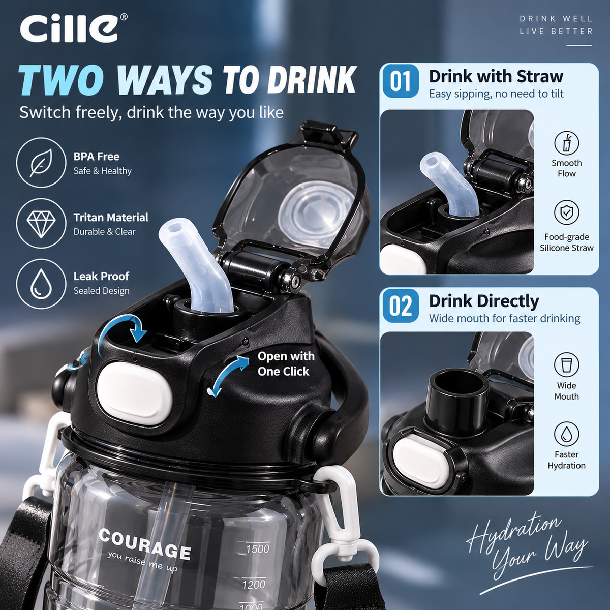 1.5L Large Capacity Sports Water Bottle with Carry Strap