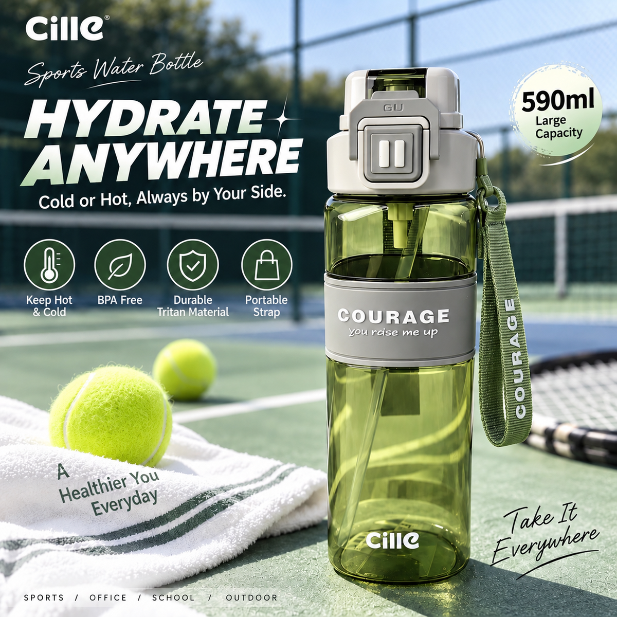590ml Sports Water Bottle with Carry Handle & Strap
